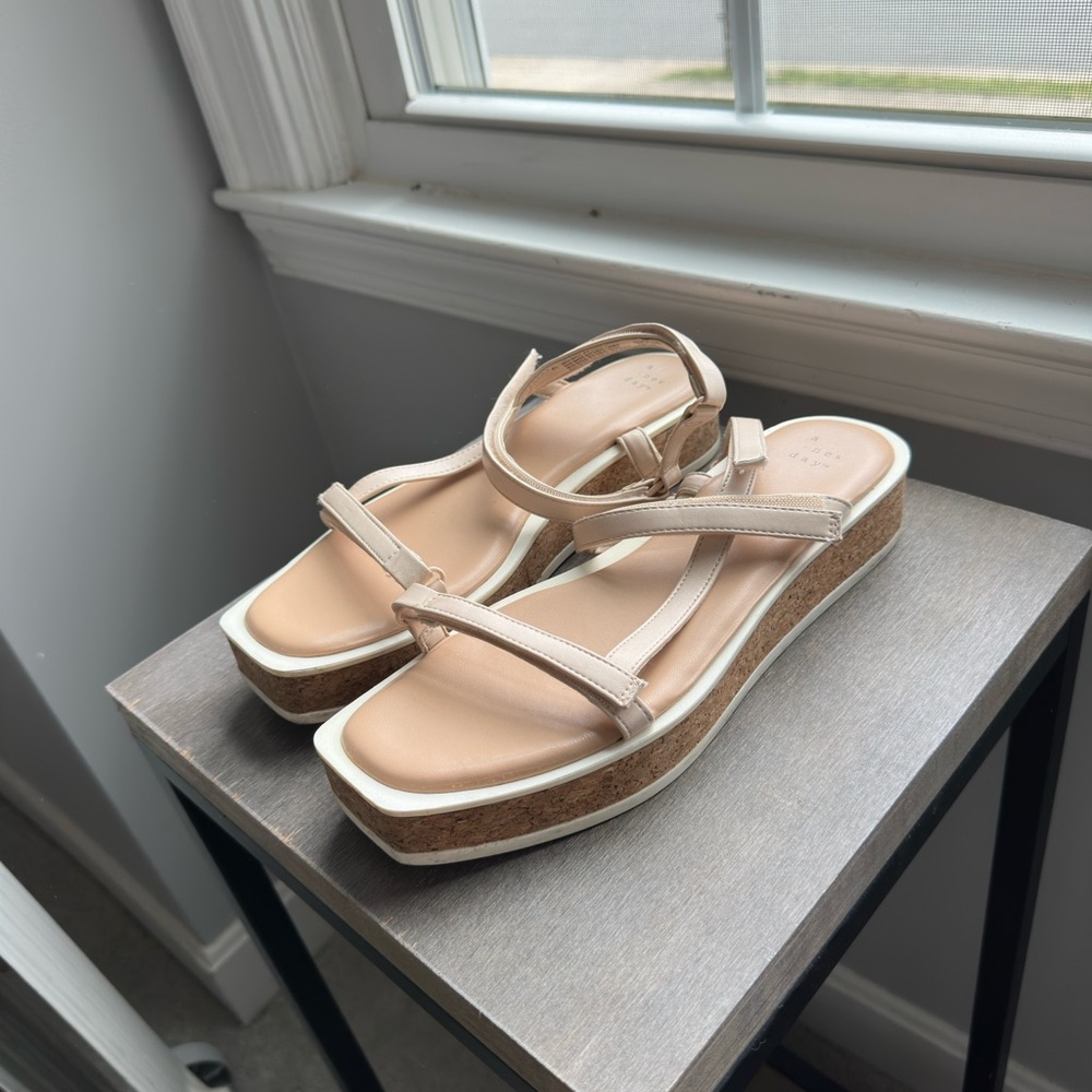 Beige Platform Cork Sandals with Ankle Strap